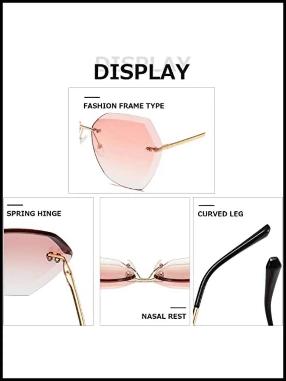 Oversized Rimless Diamond Cutting Gradient Lens Sunglasses